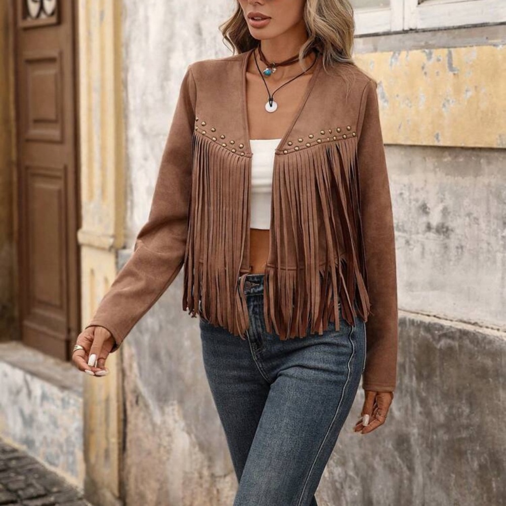 Suede fringe studded jacket western boho gypsy tassel vegan suede cream tan - Picture 8 of 13